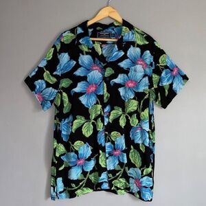 Men's Large POLO SPORT Black Blue Floral Hibiscus Button Down Hawaiian Shirt